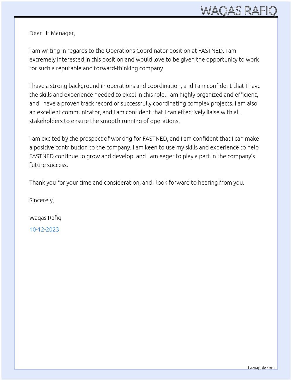 Operations Coordinator At FASTNED Cover Letter