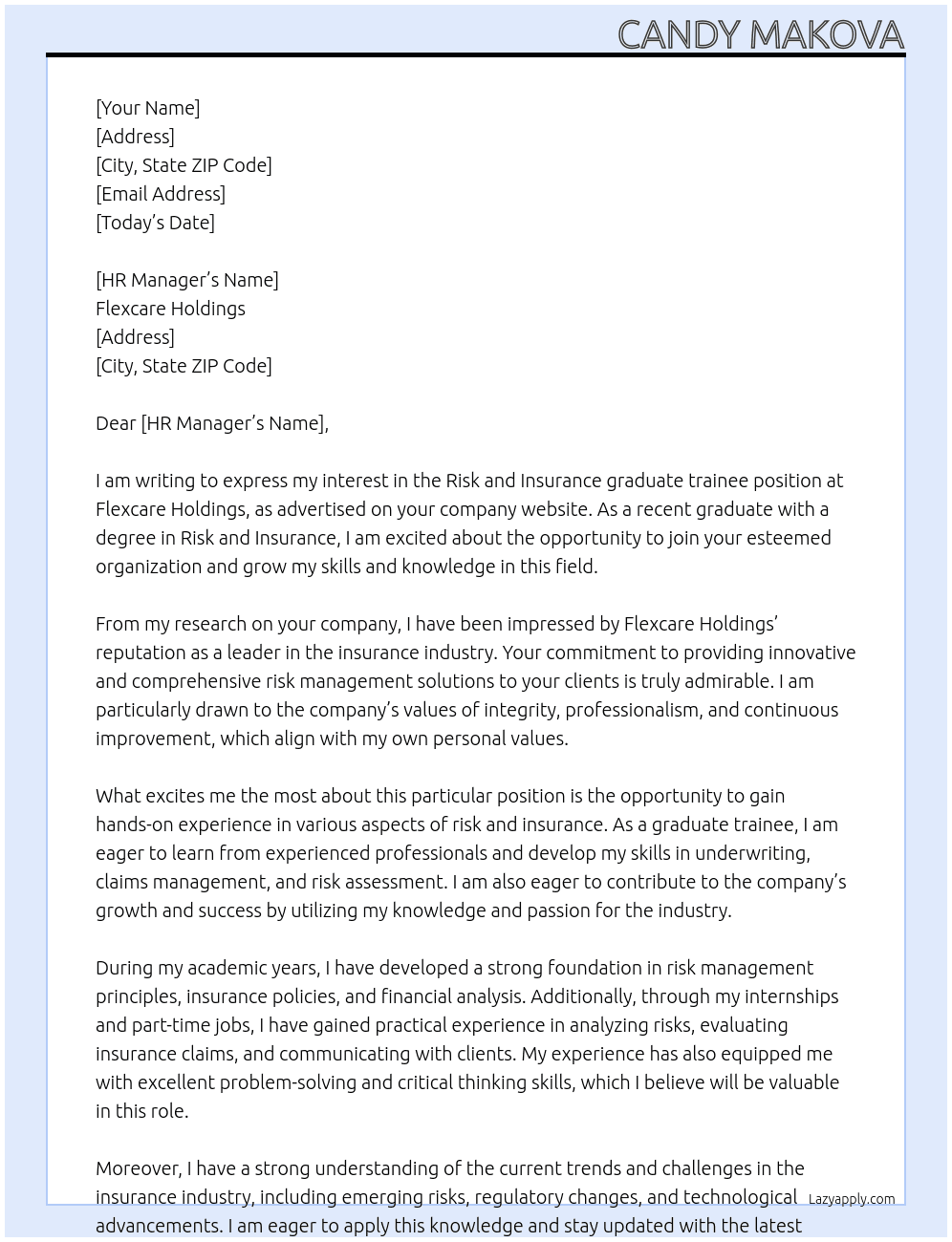 Risk and Insurance graduate trainee At Flexcare Holdings Cover Letter