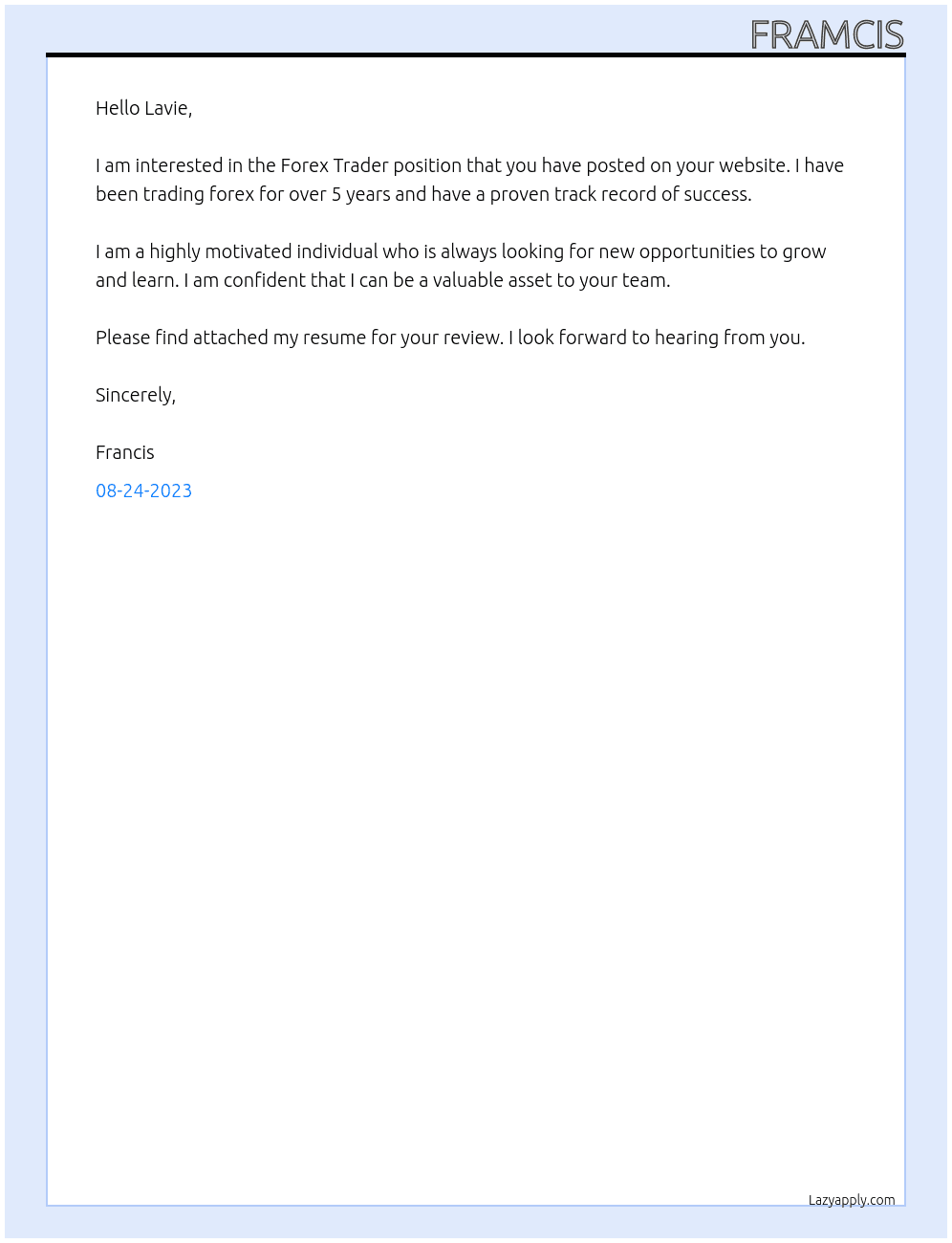 Forex Trader At Lavietechfx Cover Letter