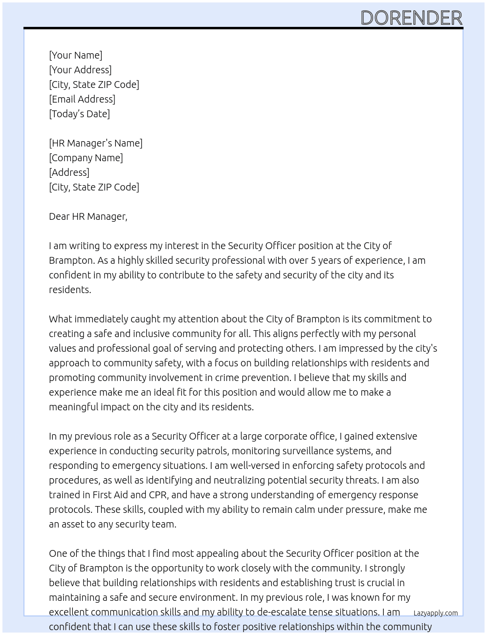 SECURITY OFFICER At CITY OF BRAMPTON Cover Letter