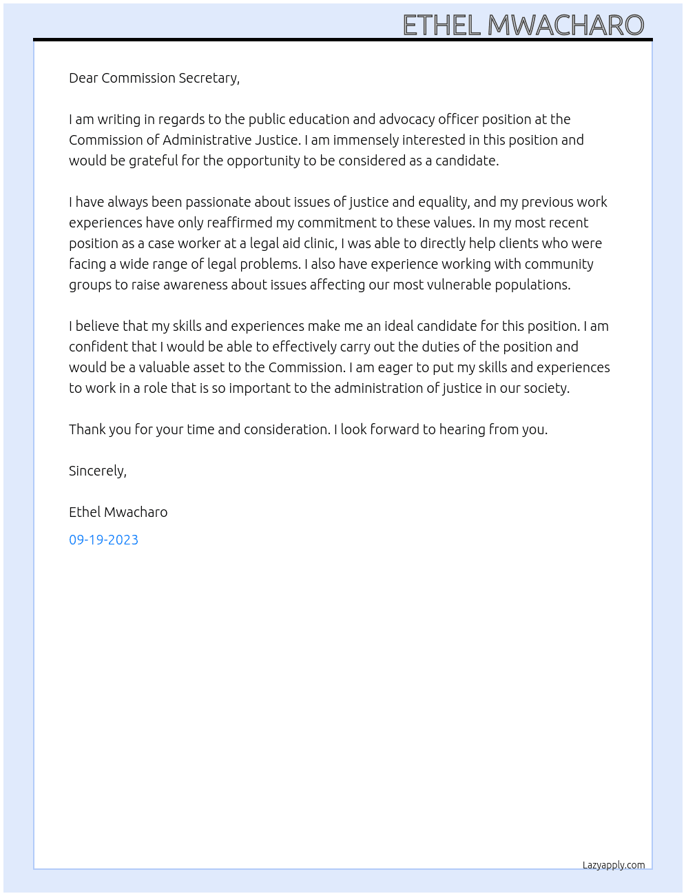 Public education and advi acy officer At Commision of Adminstrative justice Cover Letter