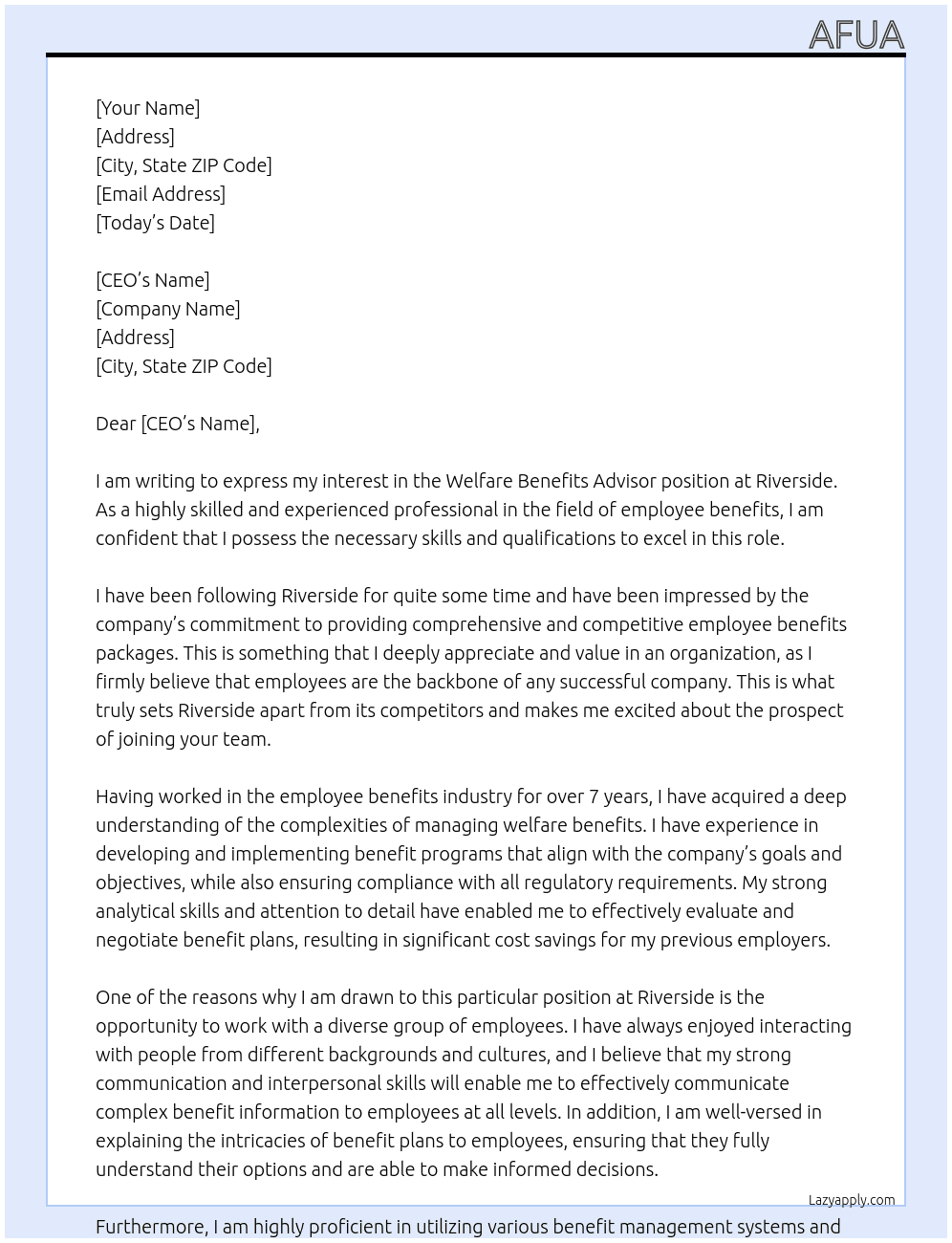 wefare benefits advisor At riverside Cover Letter