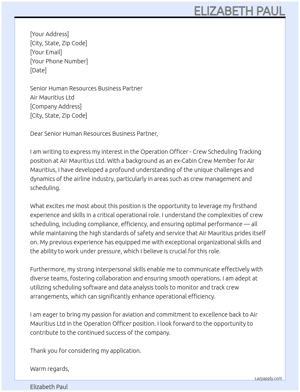 Cover letter for operation officer crew scheduling tracking - LazyApply