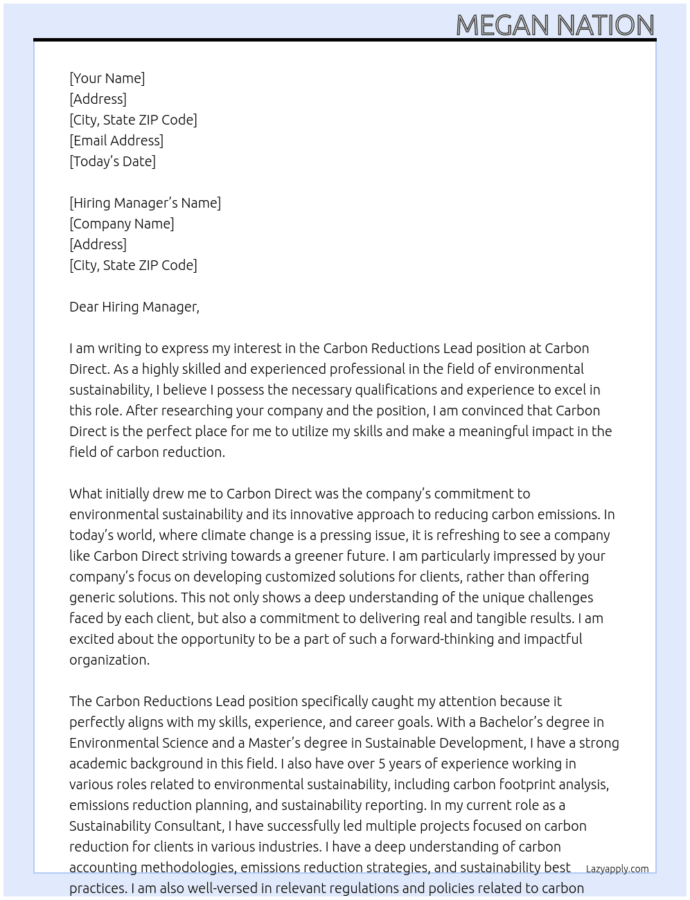 Carbon Reductions Lead At Carbon Direct Cover Letter