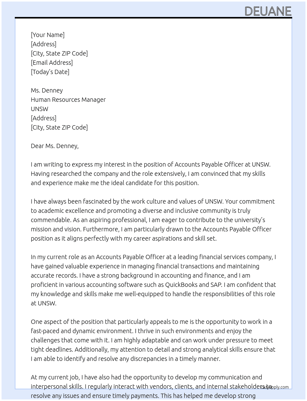 Accounts Payable Officer At UNSW Cover Letter