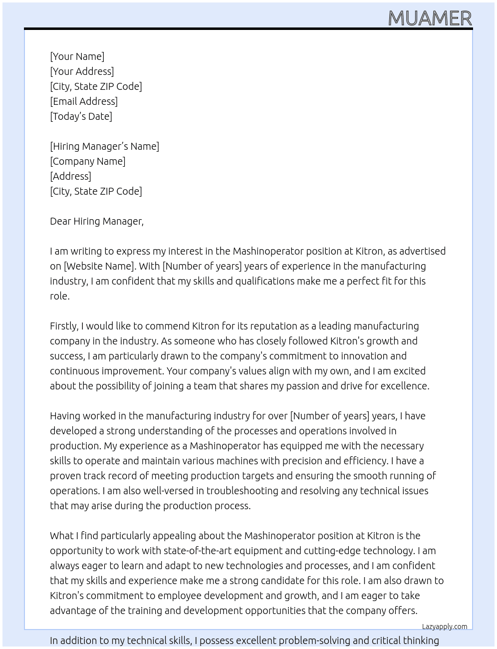 Cover letter for mashinoperator - LazyApply