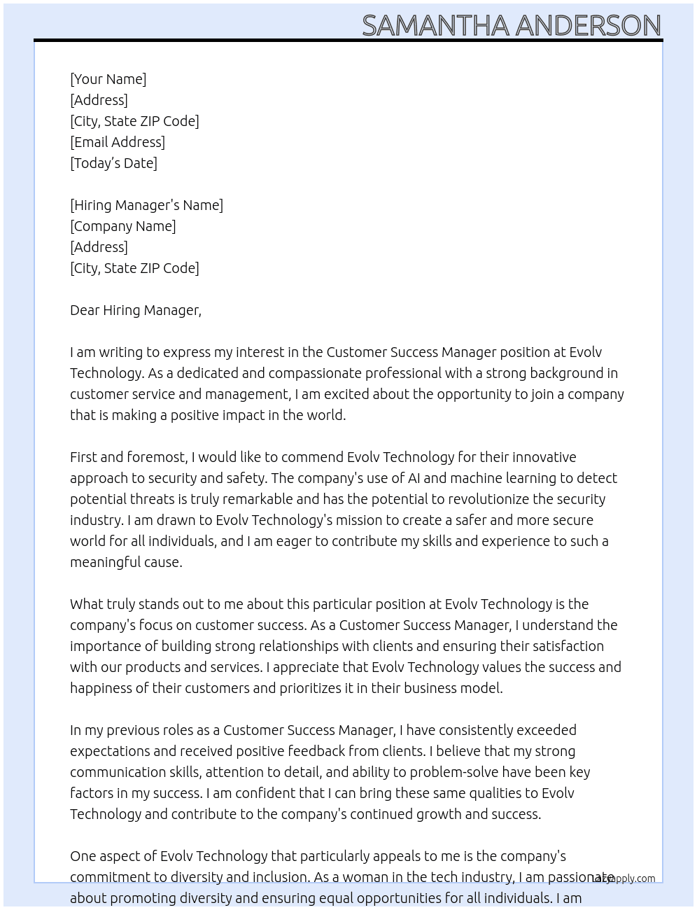 Customer Success Manager At Evolv Technology  Cover Letter