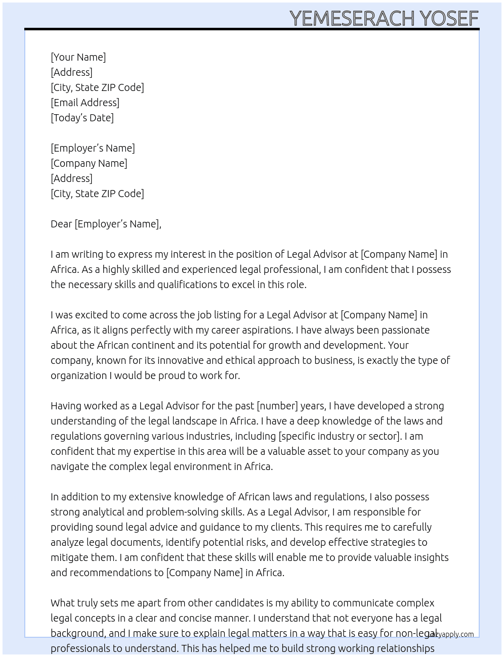 legal advisor At africa Cover Letter