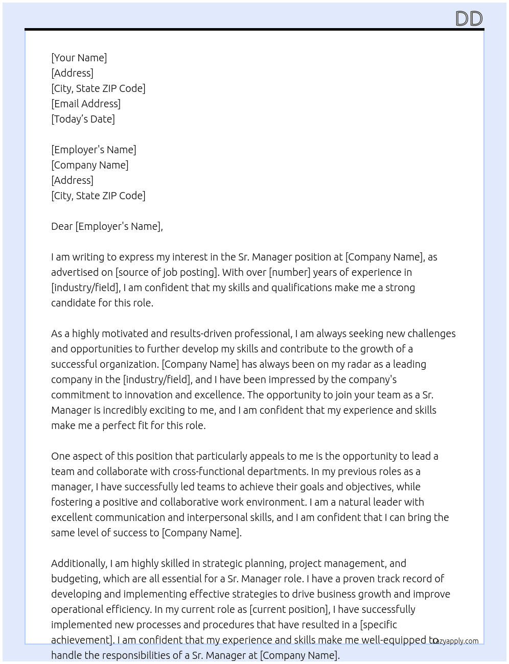 Sr. Manager  At dd Cover Letter