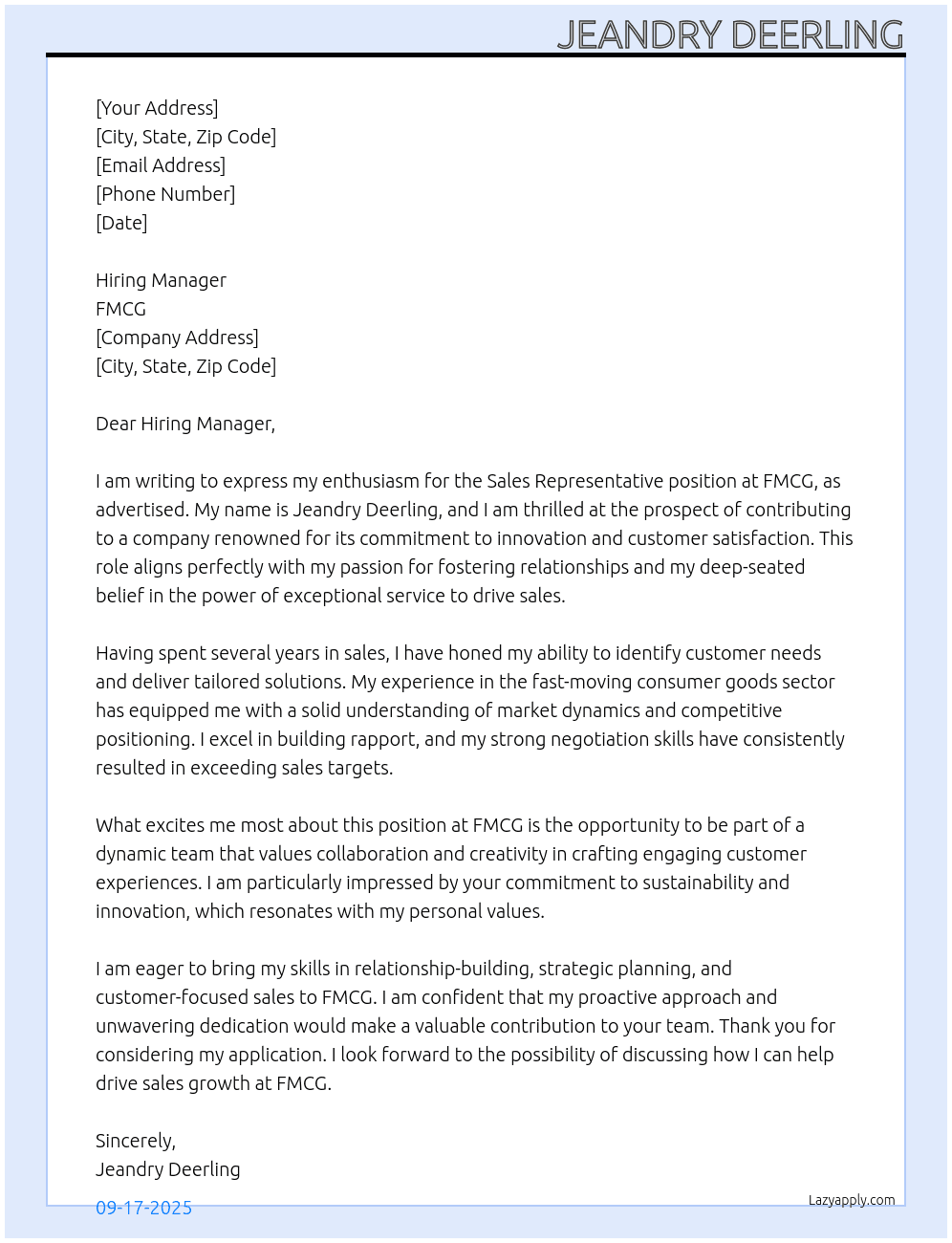 Sales Representative  At FMCG Cover Letter