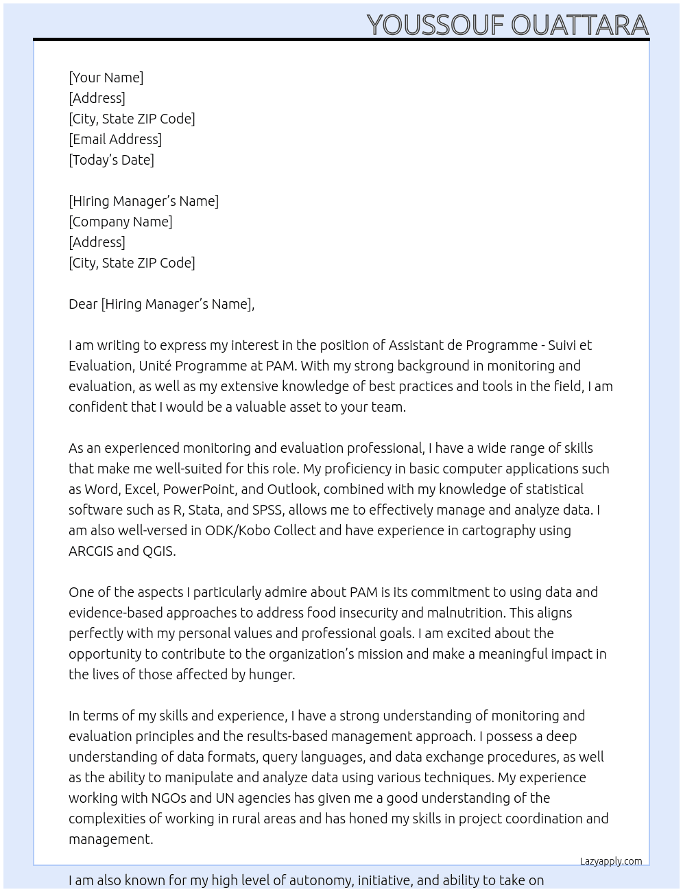 Assistant de Programme - Suivi et Evaluation, Unité Programme At PAM Cover Letter
