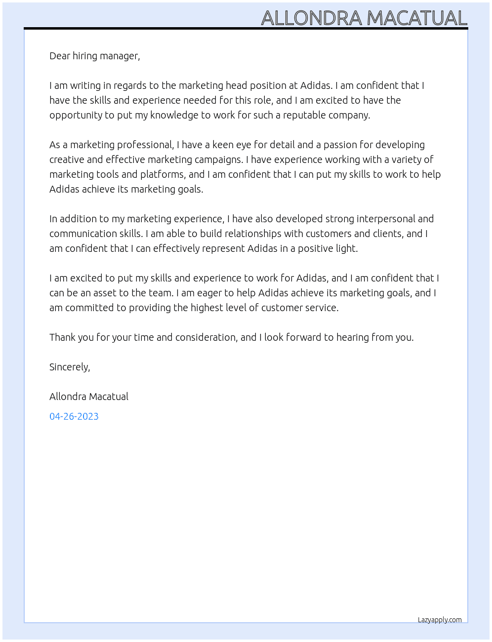 Marketing head At Adidas  Cover Letter