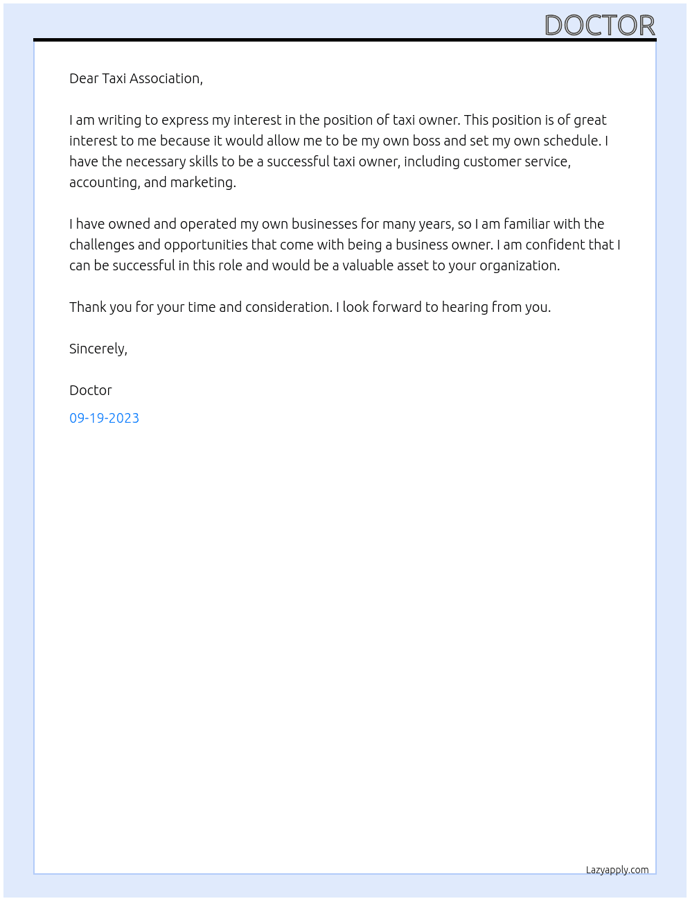 TAXI OWNER At TAXI ASSOCIATION Cover Letter