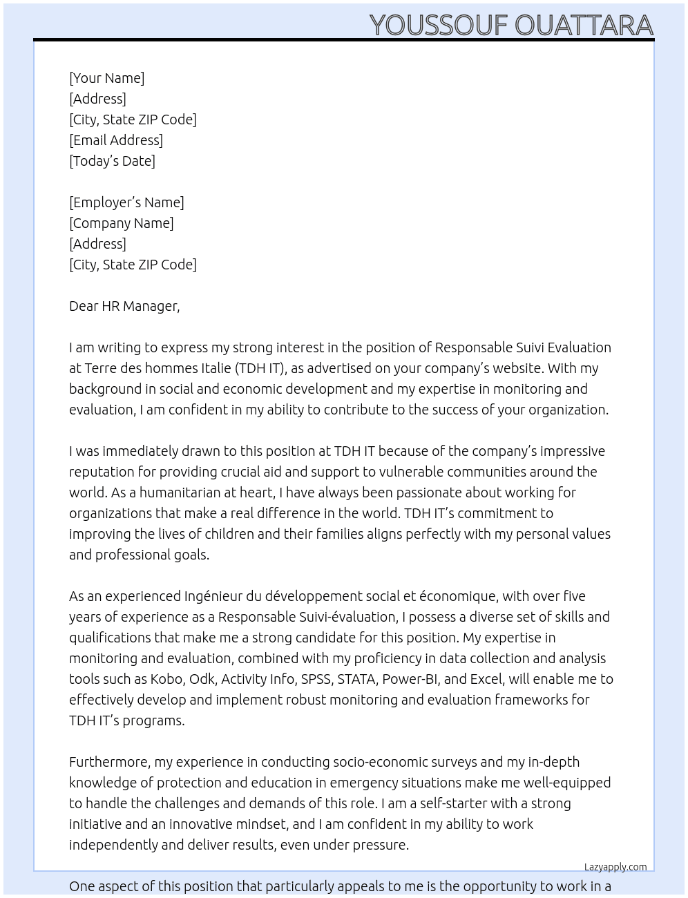 Cover letter for responsable suivi evaluation - LazyApply
