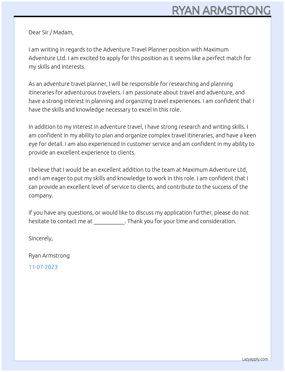 Adventure Travel Planner At Maximum Adventure Ltd Cover Letter