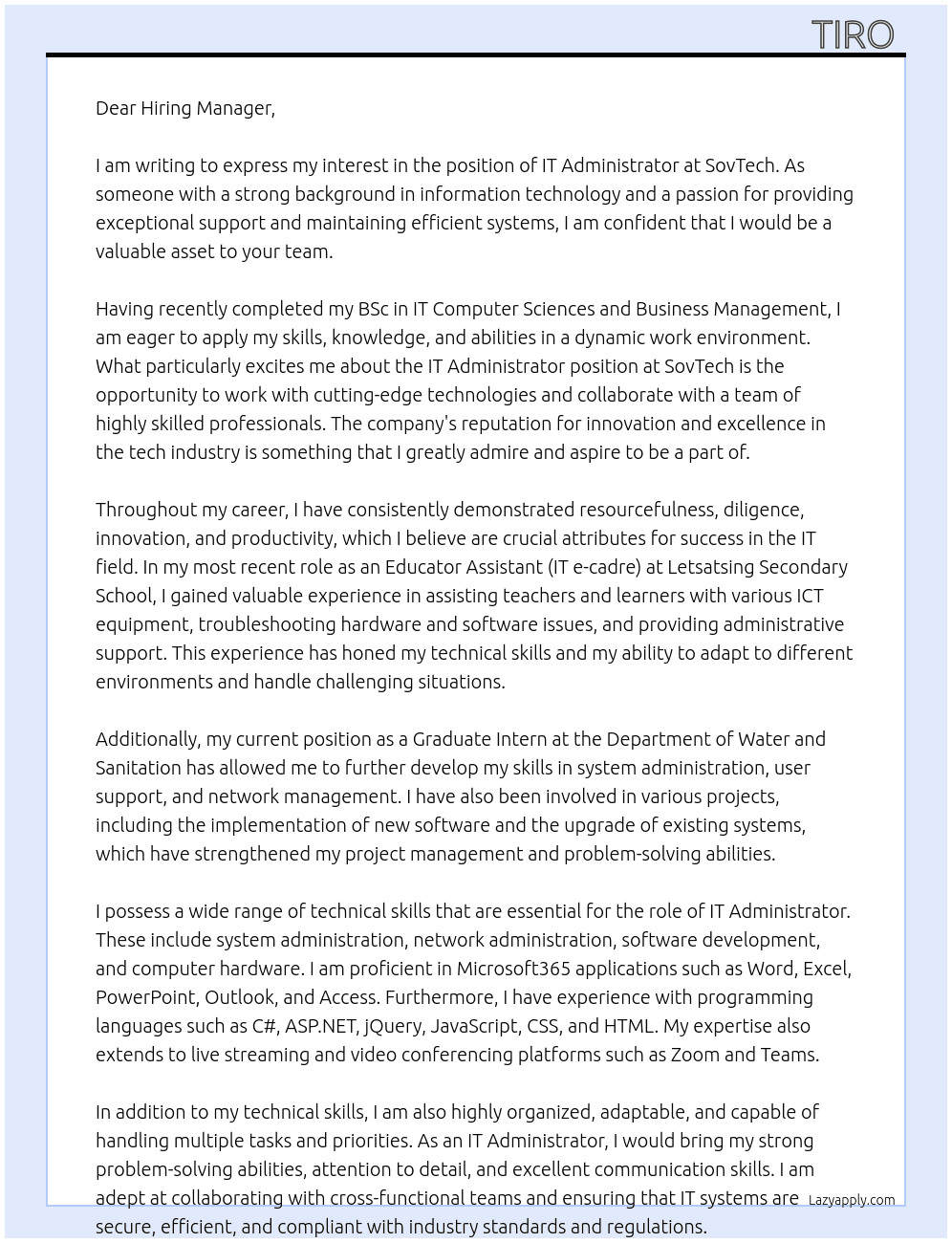IT Administrator  At SovTech  Cover Letter