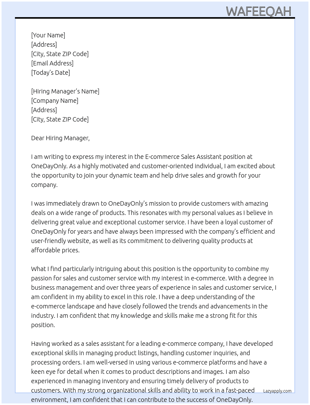 E-commerce sales assistant  At OneDayOnly Cover Letter