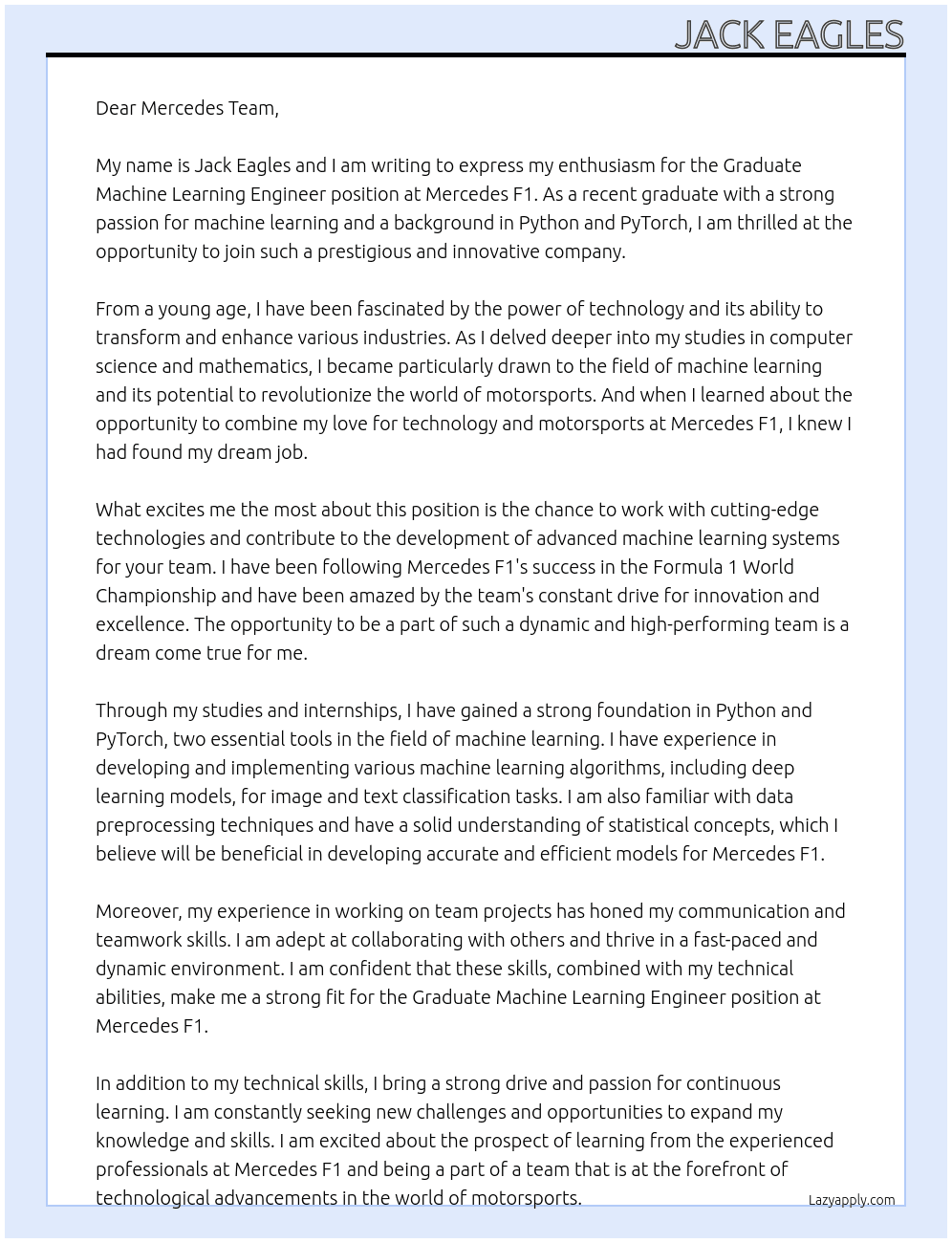 Graduate Machine Learning Engineer At Mercedes F1  Cover Letter