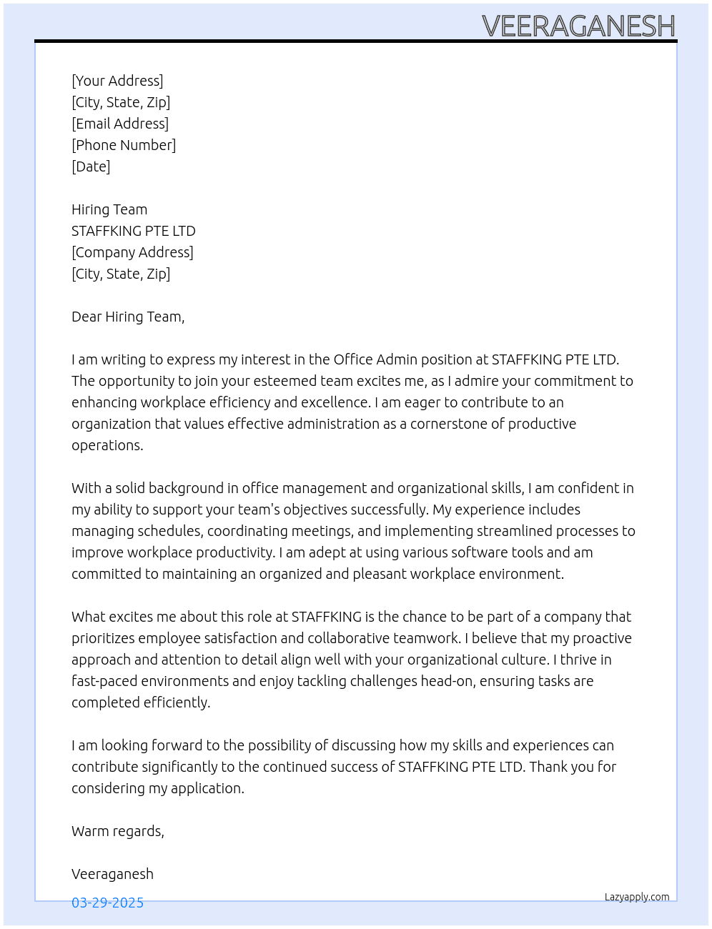 Office Admin At STAFFKING PTE LTD Cover Letter