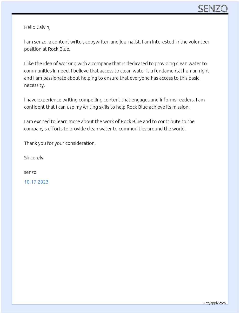Content Writer, Copywriter or Journalist  At Rock Blue Cover Letter