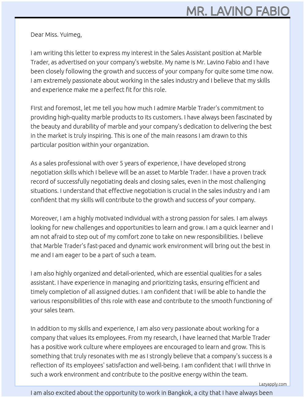 Sales assistant At Marble Trader Cover Letter