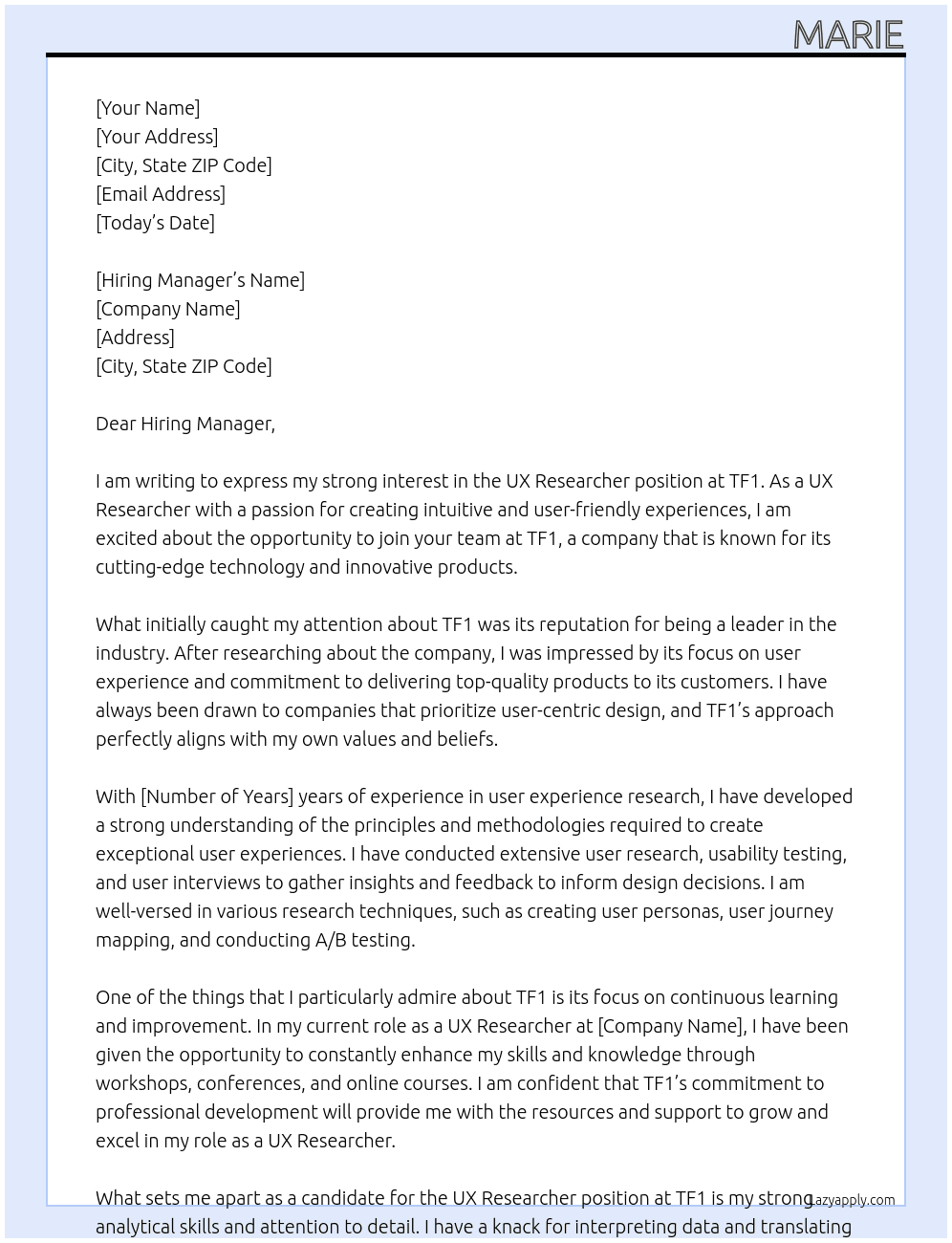 UX Researcher At TF1 Cover Letter