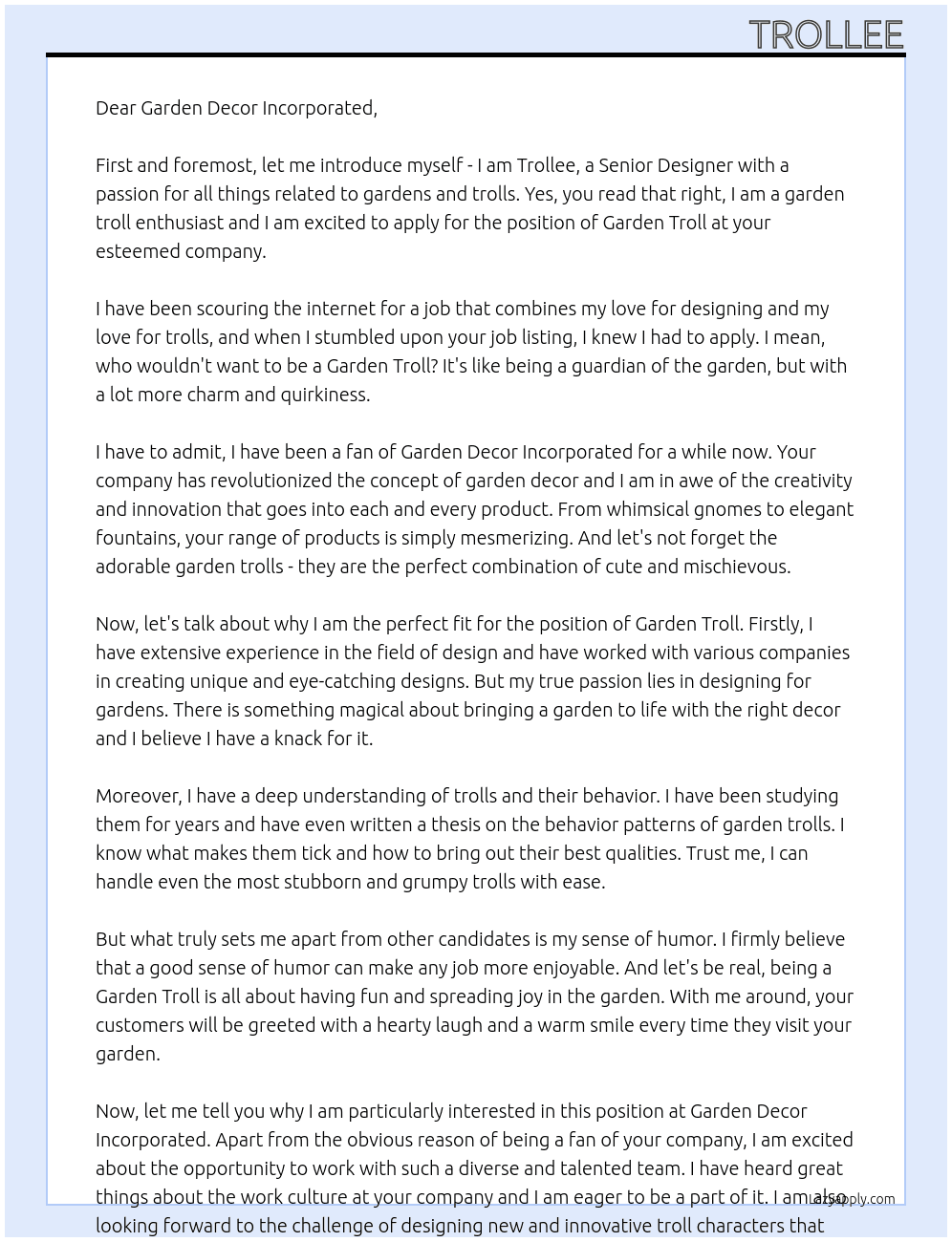 Garden Troll At Garden Decor Incorporated Cover Letter