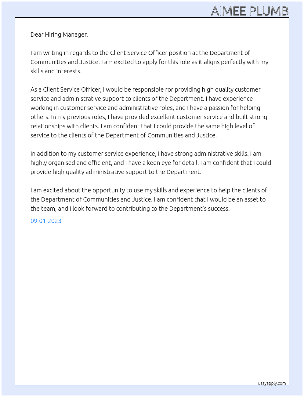 Client Service Officer At Department of Communities and Justice Cover Letter
