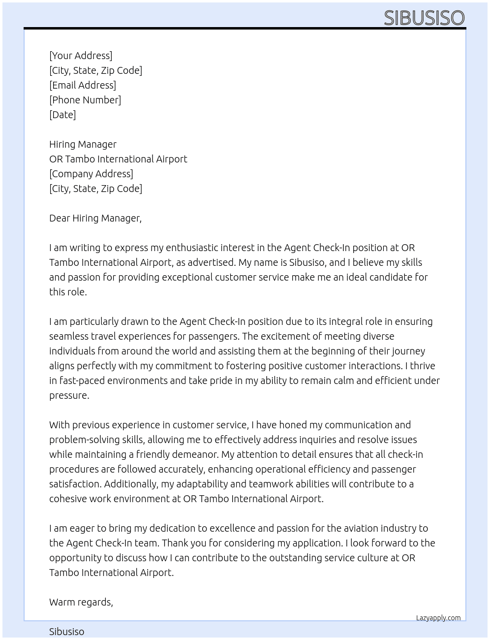 Agent check in At OR Tambo International airport Cover Letter