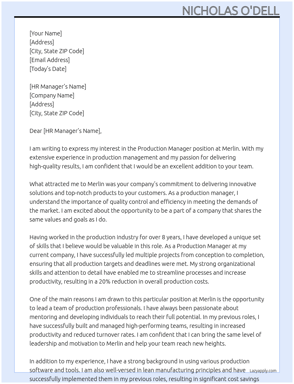 Production MAanger At Merlin  Cover Letter