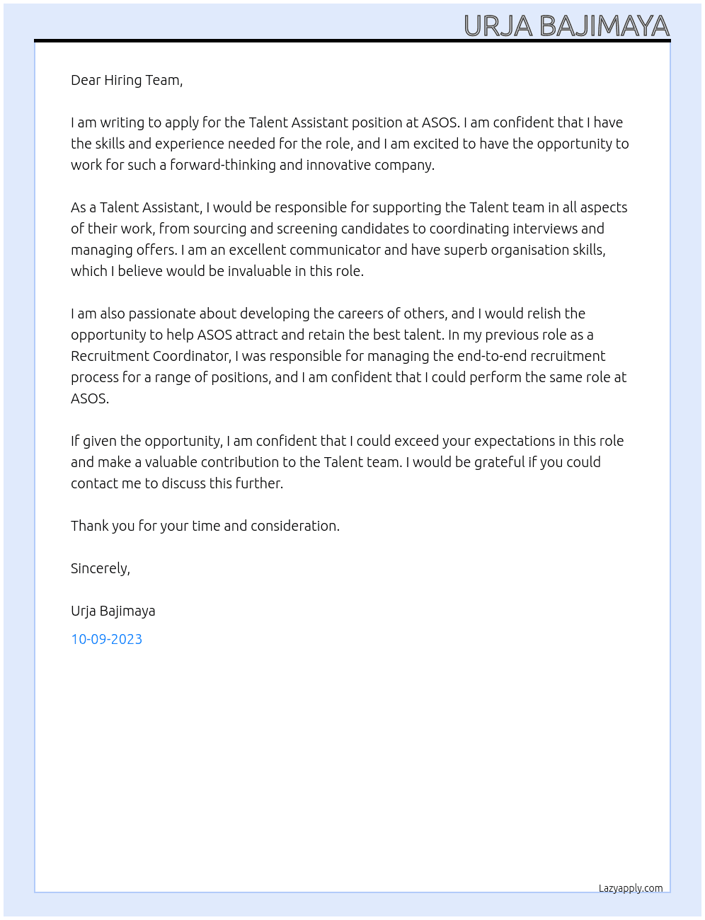 Talent assistant At ASOS Cover Letter