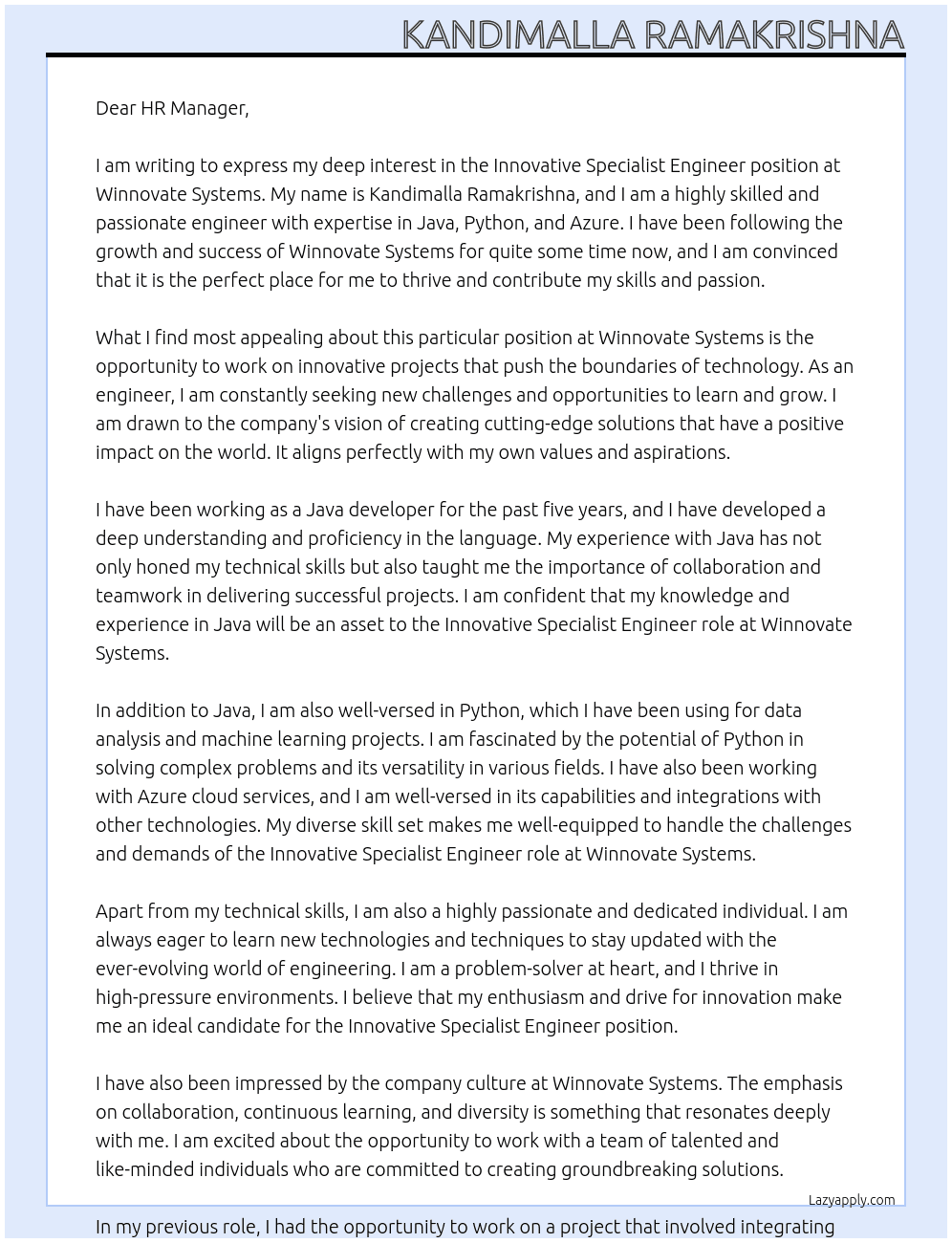 Innovative specialist engineer At Winnovate Systems Cover Letter