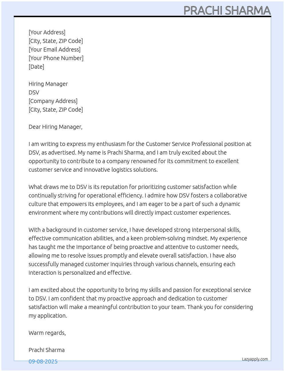Cover letter for customer service professional - LazyApply