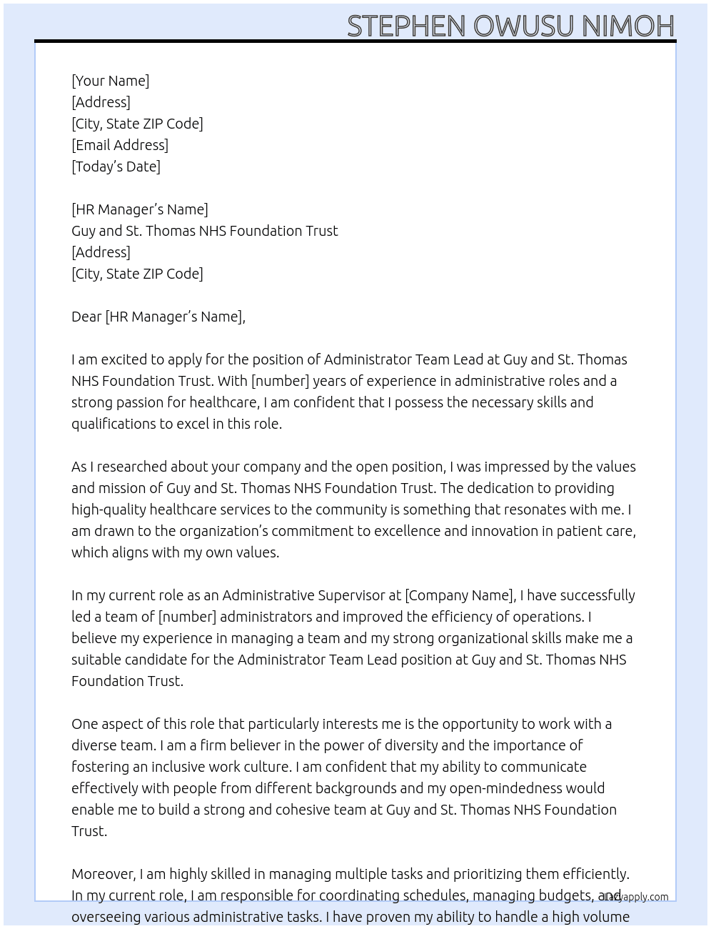 Administrator team Lead At Guy and St. Thomas NHS Foundation Trust Cover Letter