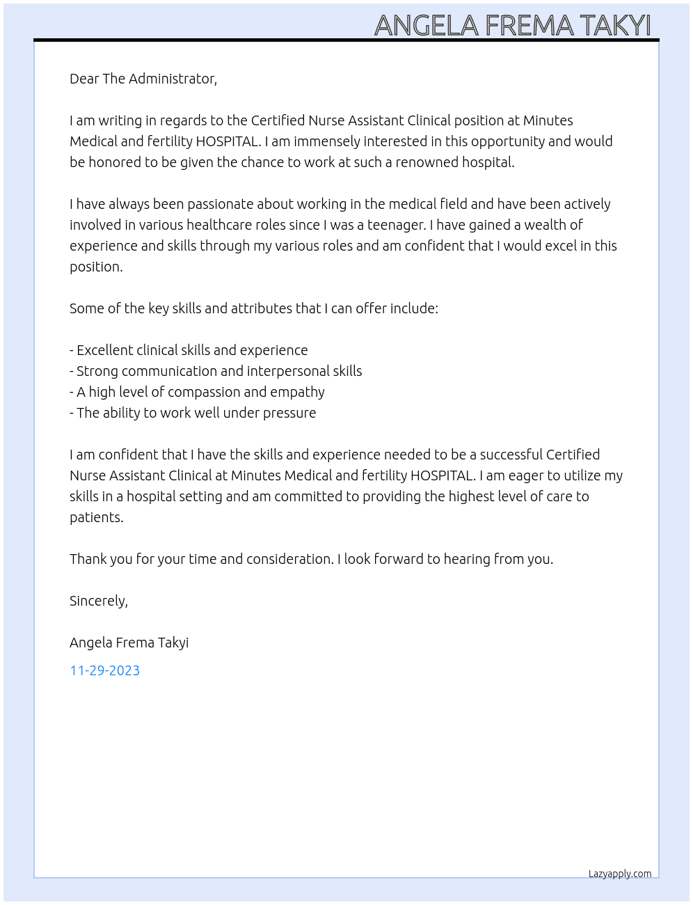 Certified Nurse Assistant Clinical  At Minutes Medical and fertility HOSPITAL  Cover Letter