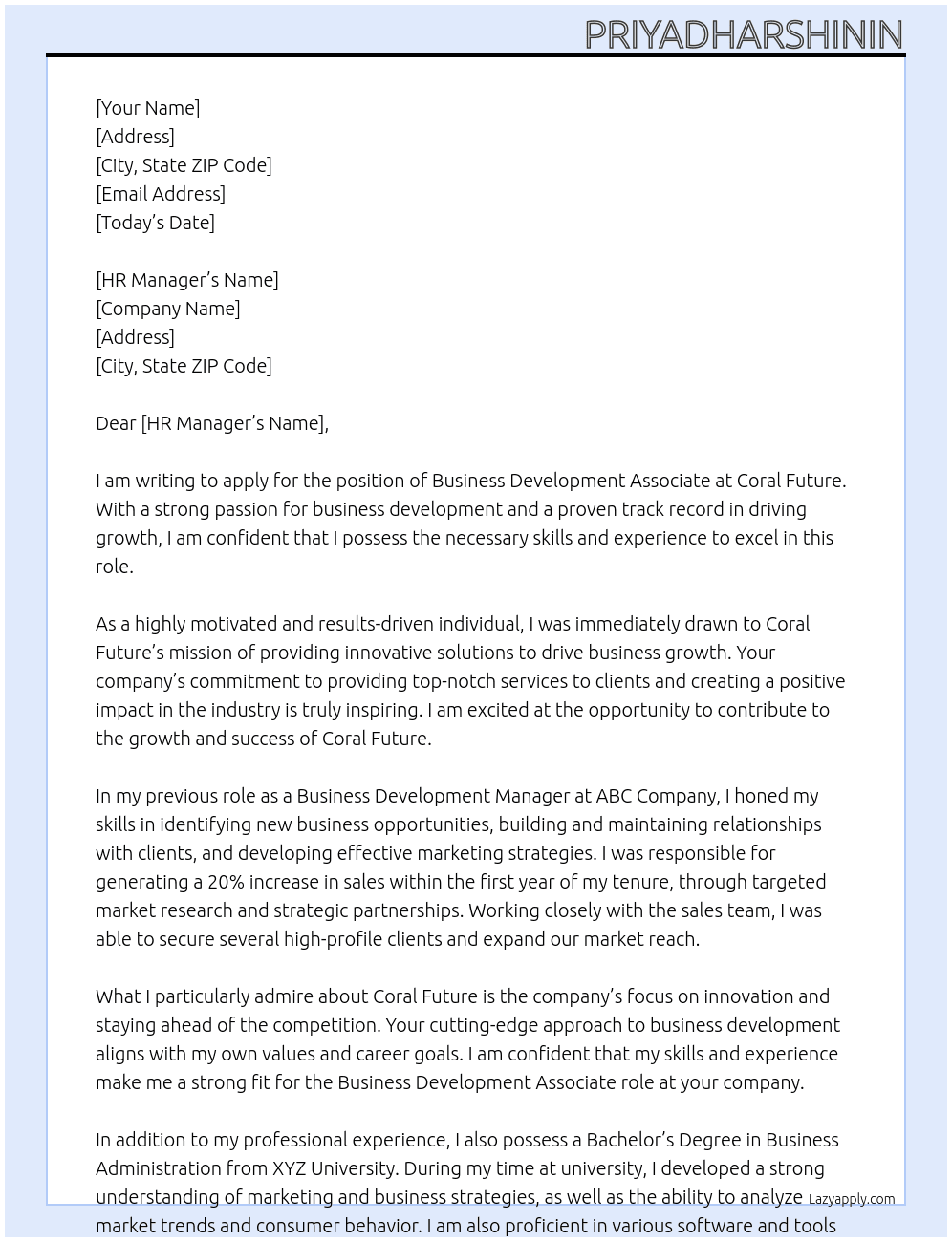 Business development associate  At Coral future  Cover Letter