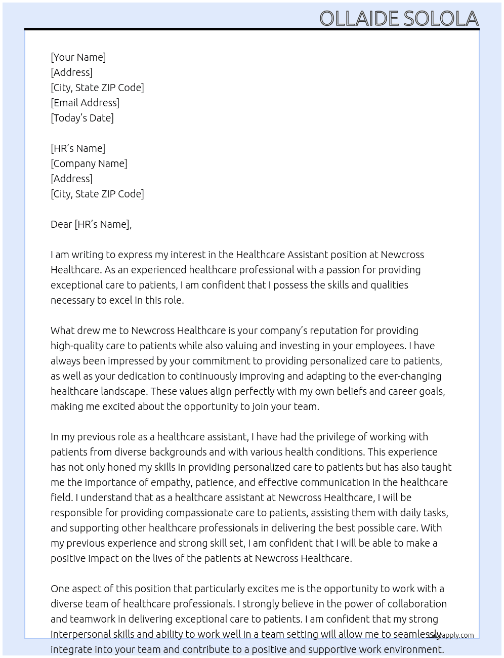 healthcare assistant At Newcross healthcare Cover Letter