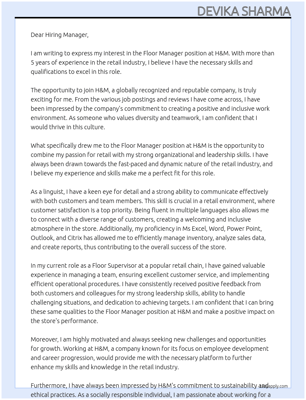 Floor Manager At H&M Cover Letter