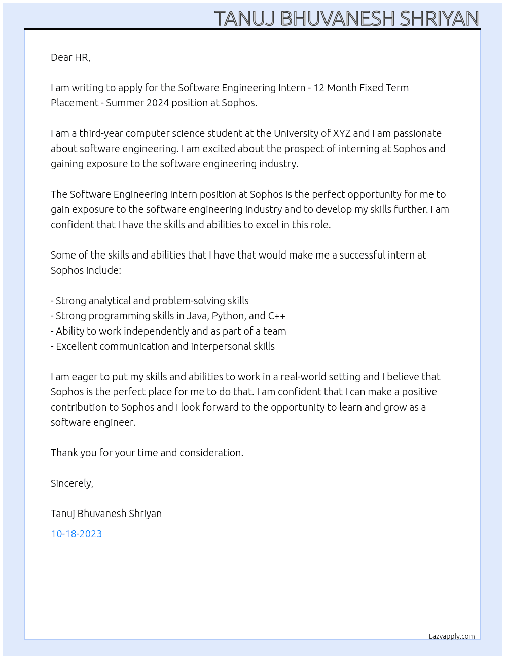 Software Engineering Intern - 12 Month Fixed Term Placement - Summer 2024 At Sophos Cover Letter