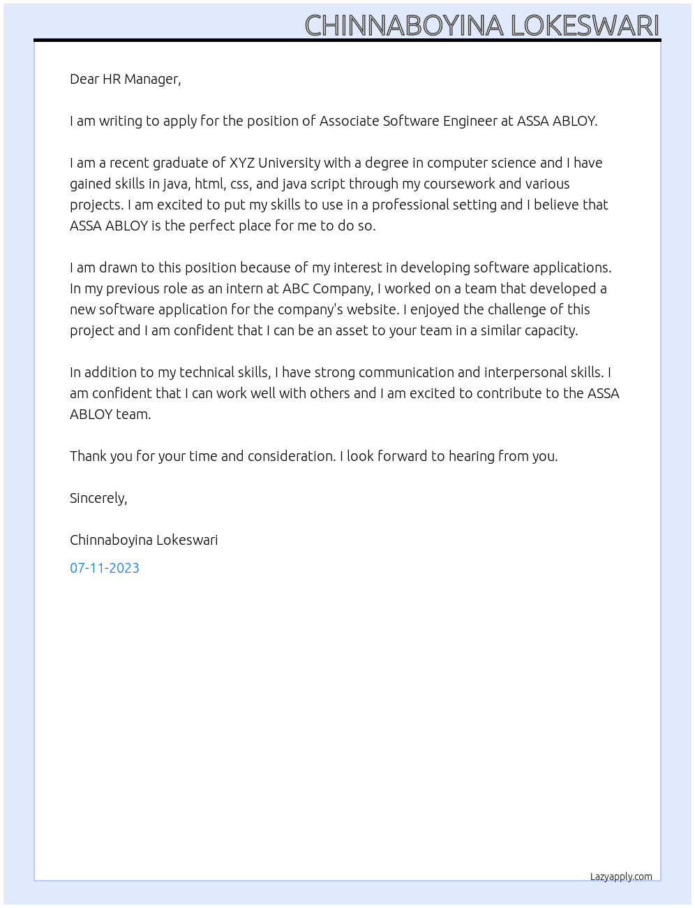 Associate Software Engineer (20876)(fresher) At ASSA ABLOY  Cover Letter