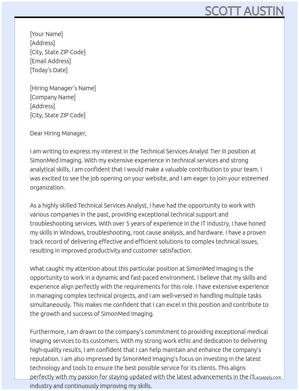 Technical Services Analyst Tier III At SimonMed Imaging Cover Letter
