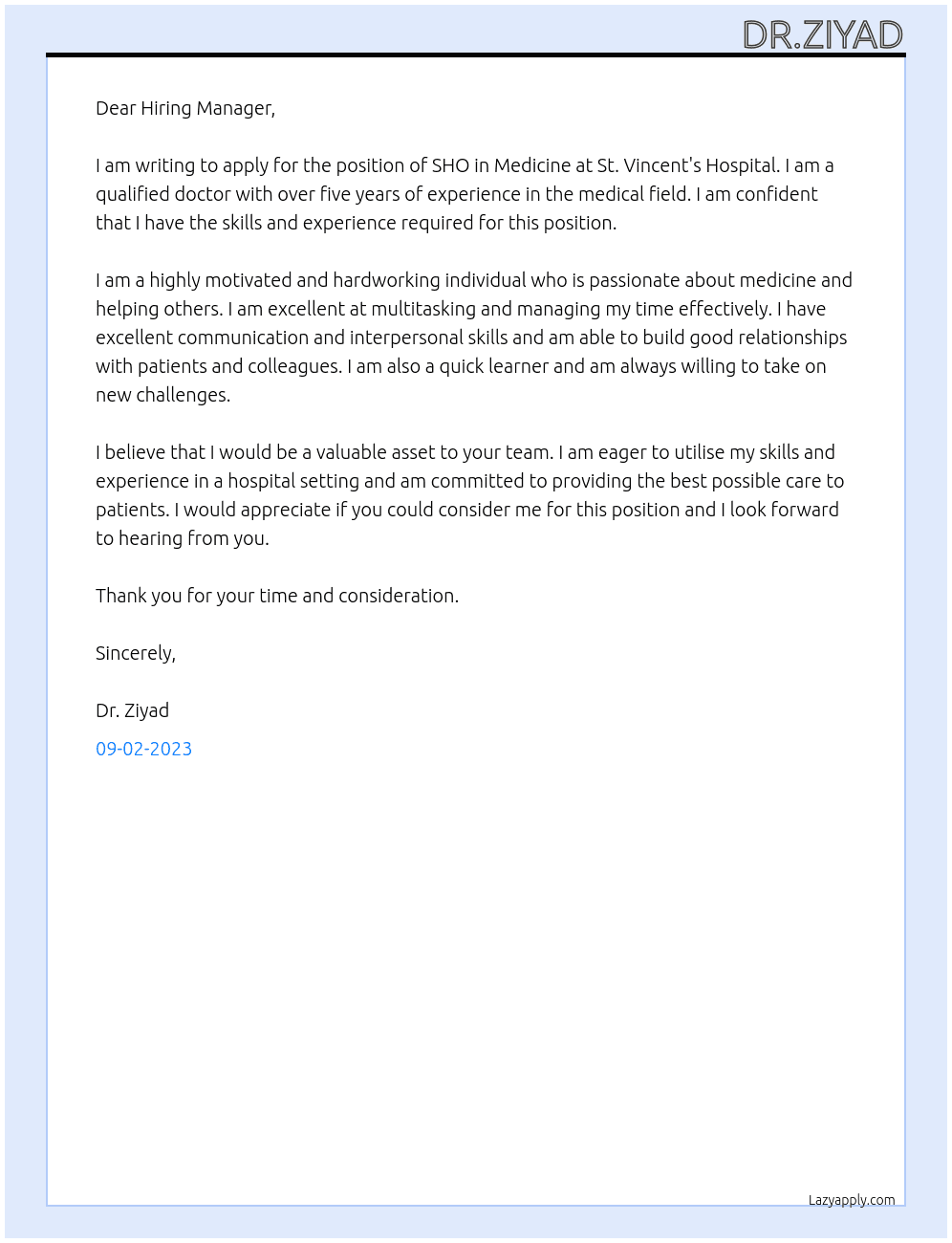 SHO in Medicine At St. Vincent's Hospital  Cover Letter