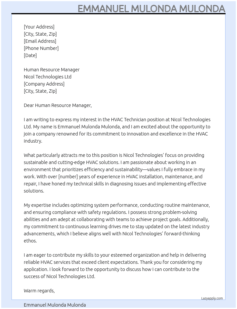 HHVAC Technician At Nicol Technologies Ltd Cover Letter