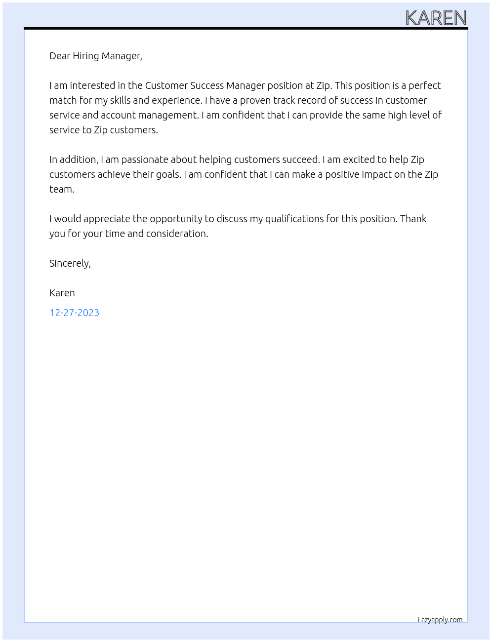 Customer Success Manager At Zip Cover Letter
