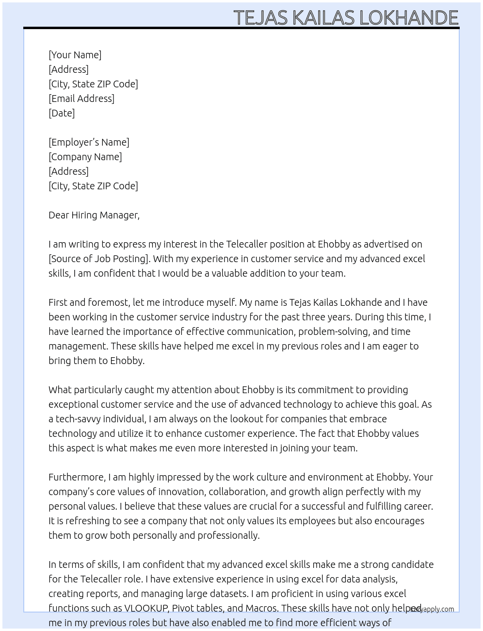 Telecaller  At Ehobby Cover Letter