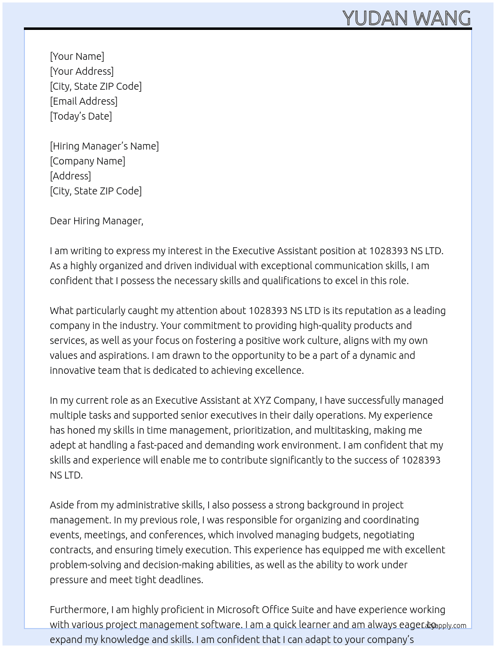 Executive Assistant At 1028393 NS LTD Cover Letter