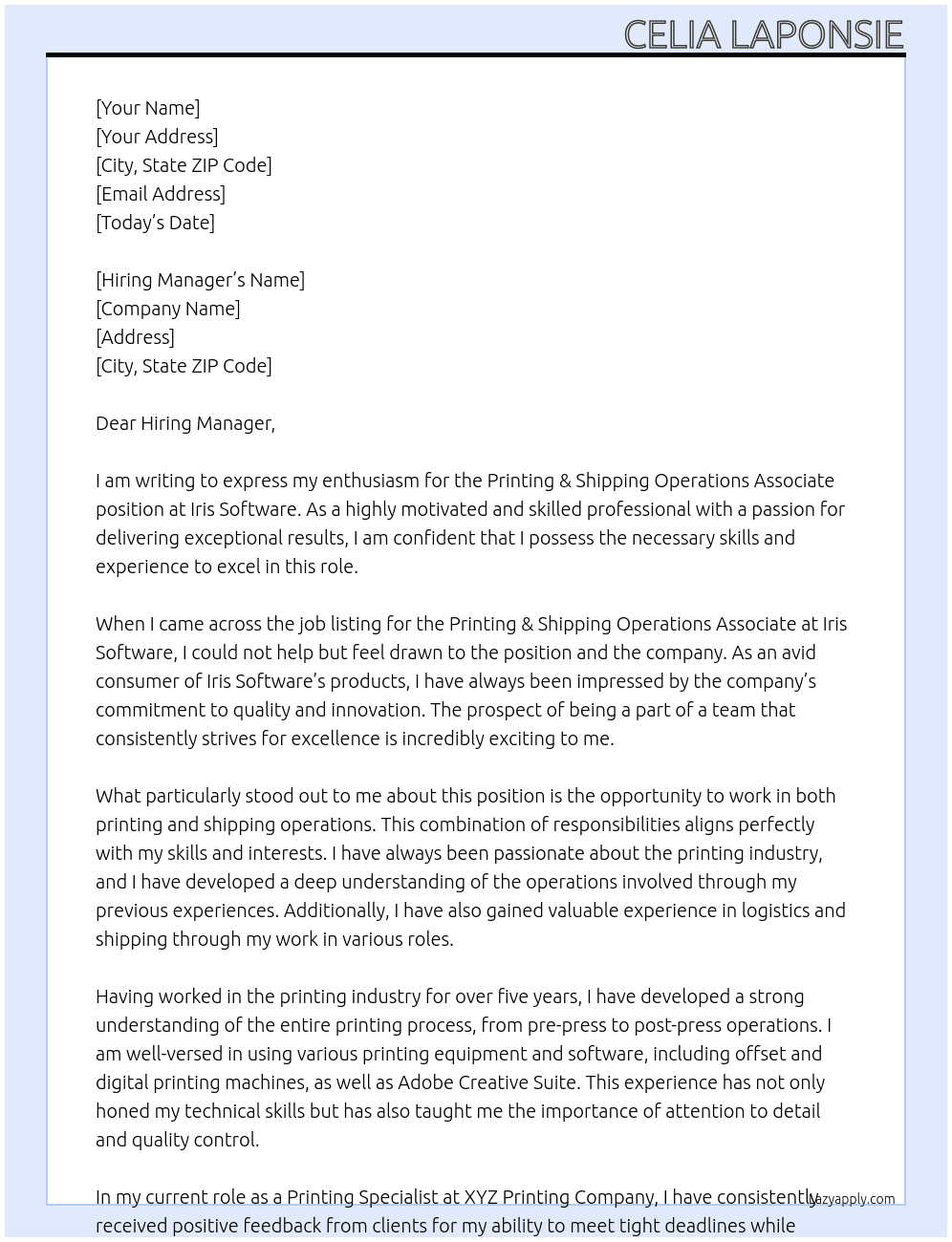 Printing & Shipping Operations Associate At Iris Software Cover Letter