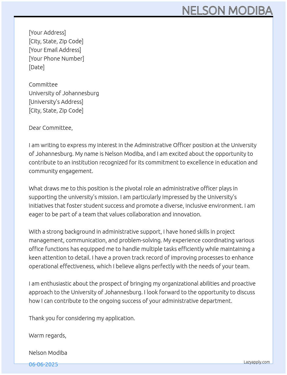 ADMINISTRATIVE OFFICER At University of jojannesburg Cover Letter