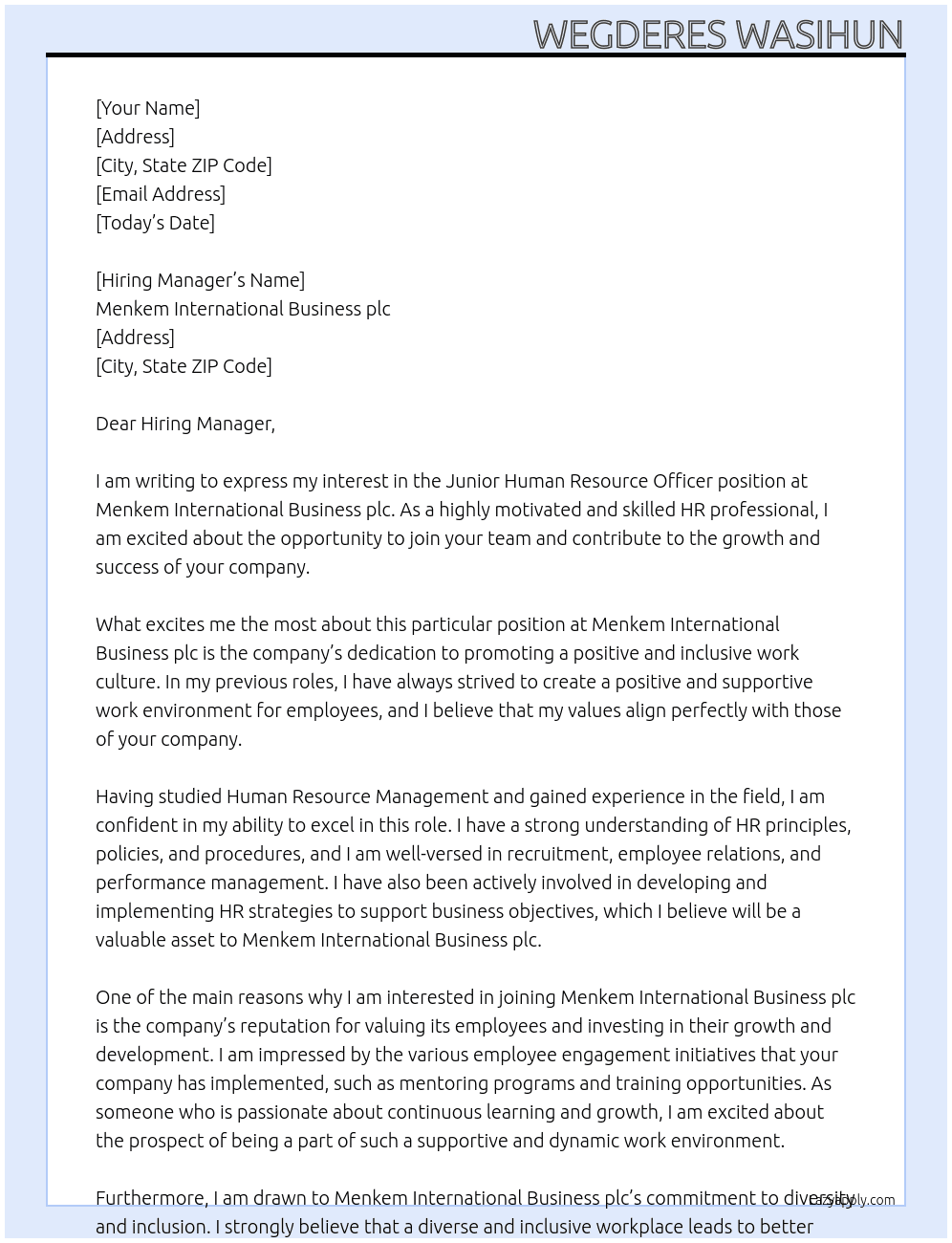 Junior Human Resource Officer At Menkem international Business plc Cover Letter