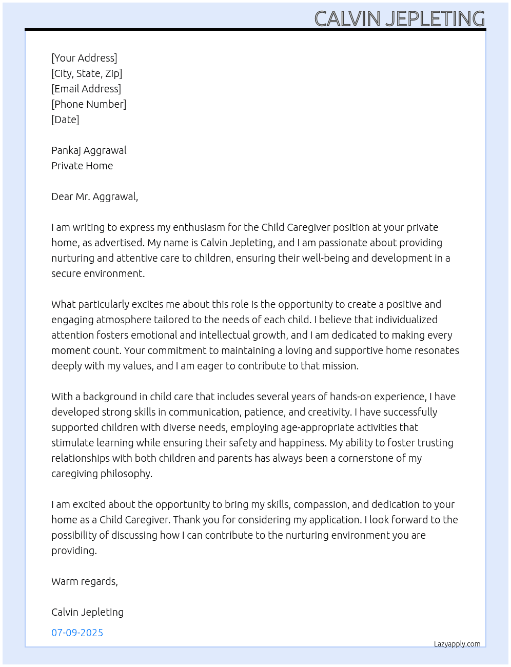 Child caregiver At Private home Cover Letter